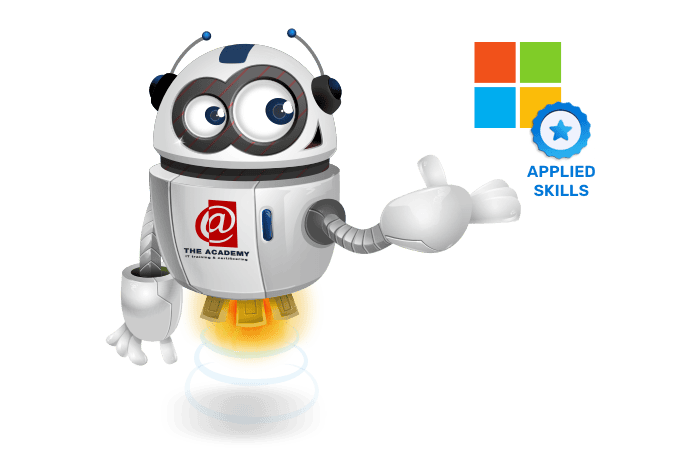 Buddy onze mascotte met het Microsoft en Applied Skills logo
