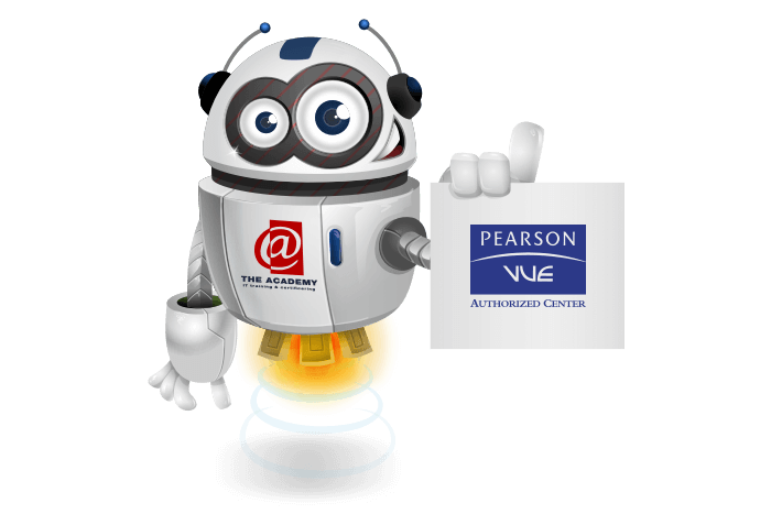Buddy onze mascotte kijkt enthousiast naar het Pearson Vue Logo