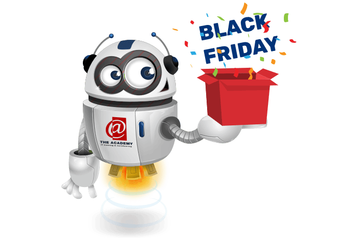 Buddy de mascotte met cadeau met de tekst black friday