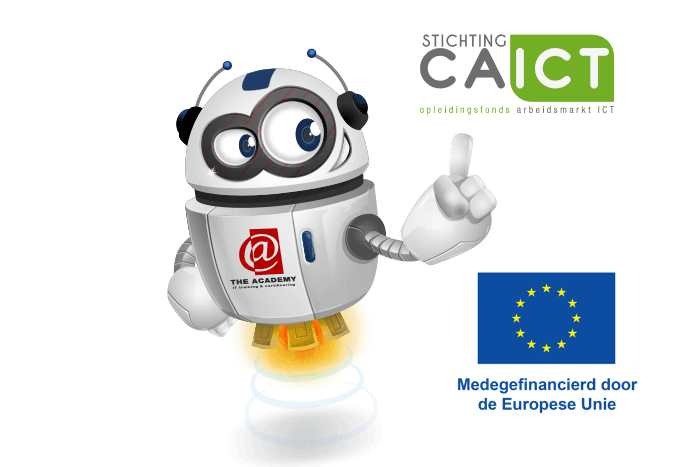 Buddy de mascotte met het CA ICT Logo