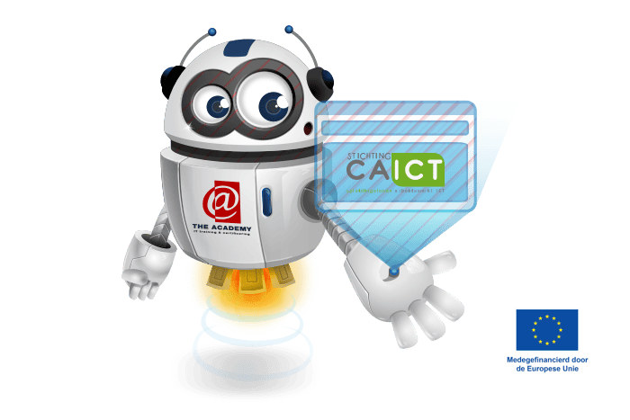 Buddy onze mascotte met het logo van CA-ICT en de EU