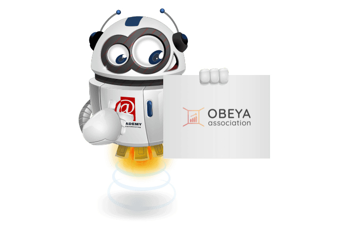 Buddy de mascotte die een bord met het Obeya logo vastheeft