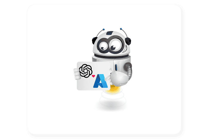 Buddy onze mascotte houdt een bord met het Microsoft Azure AI Logo met een hartje en een OpenAI logo vast
