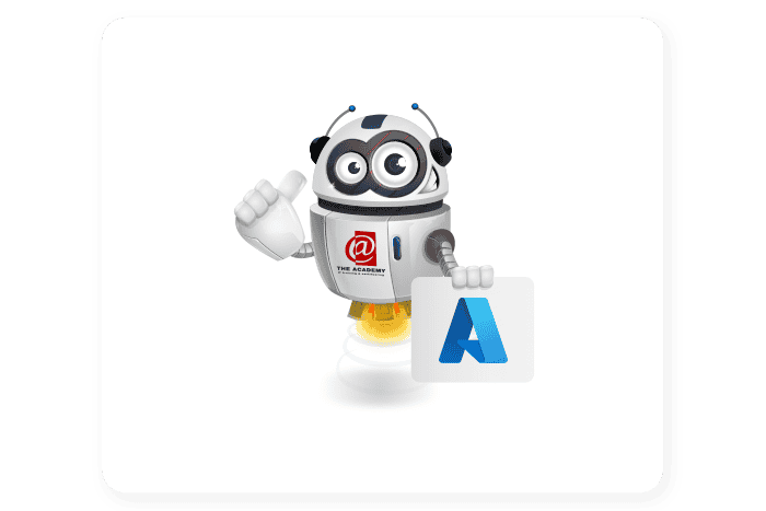 Buddy onze mascotte houdt een bord met het Microsoft Azure AI Logo vast