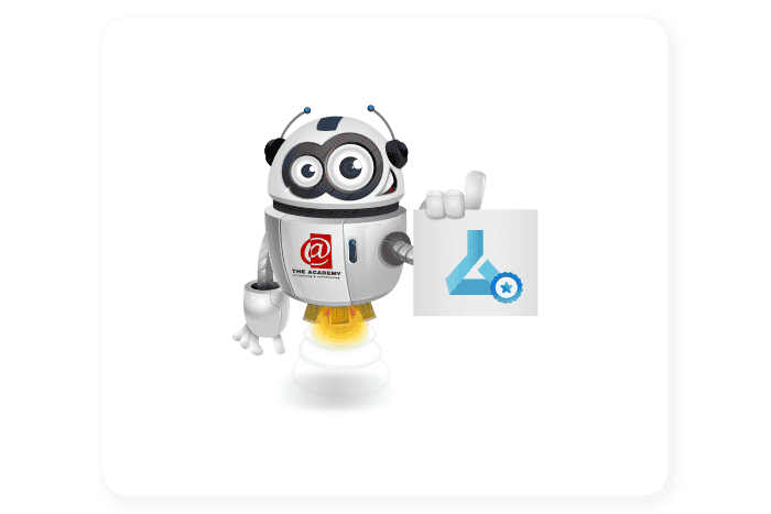 Buddy onze mascotte houdt een bord vast met een Azure machine learning icon erop